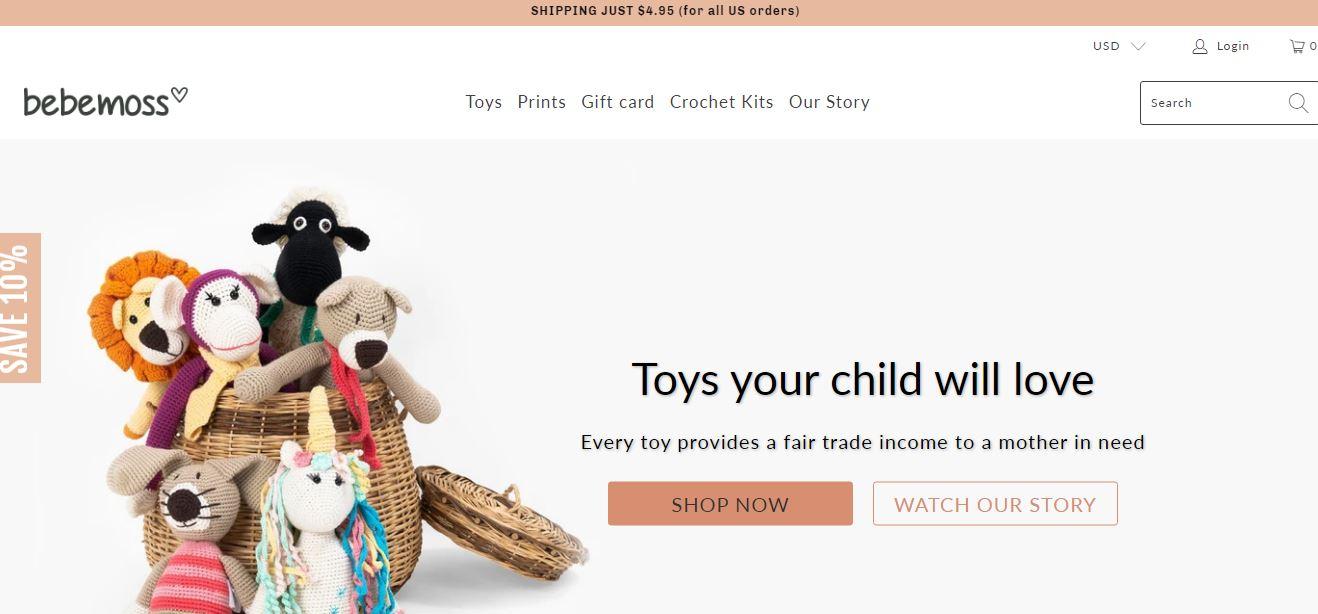 Bebemoss is a toy company using Shopify. Along with a beautiful image of its soft toys, the text found on the site tells you immediately that the company enables you to help a mom in need. But how can you do that?