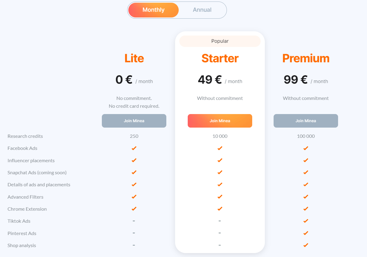 minea pricing