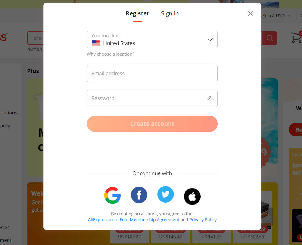 create an account on aliexpress