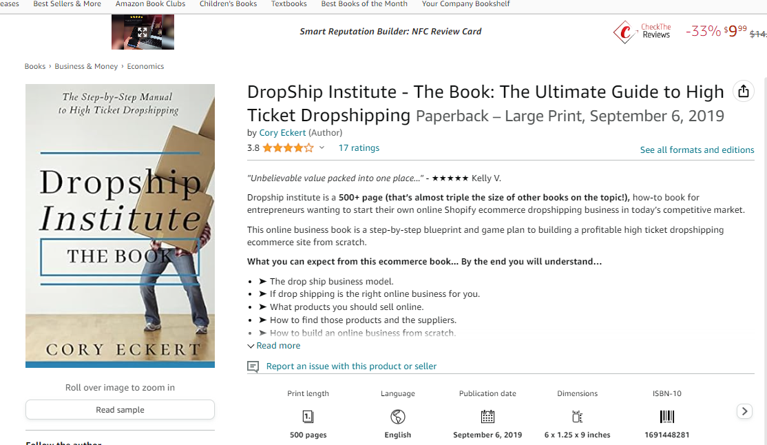 Dropshipping Institute, by Cory Eckert; How to find the right products  How to find and negotiate with USA suppliers  How to set up your first dropshipping store  How to optimize your online business  How to turn customers into long-term members  How to get great reviews from customers  How to increase conversion rates