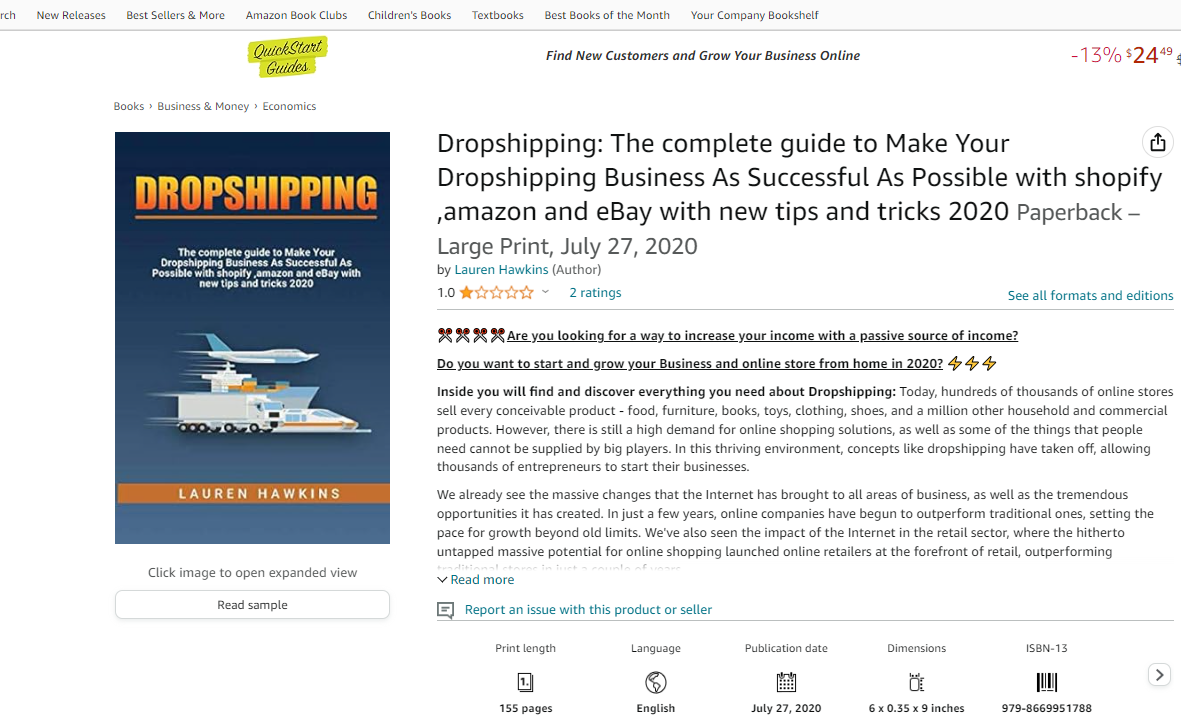 Dropshipping by Lauren Hawkins is ranked one of the best dropshipping books of 2024. Everything you read in this book is not complex to understand. You won't just be reading tips that worked for some personally, but direct instructions that will make you take action from the second you read it.